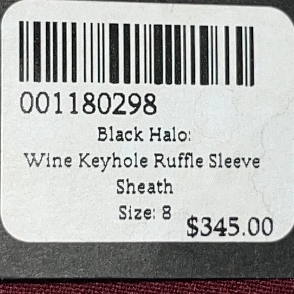 BLACK HALO EVA WINE KEYHOLE RUFFLE SLEEVE SHEATH DRESS NEW/TAGS - MSRP $345 - 8 - Picture 2 of 15